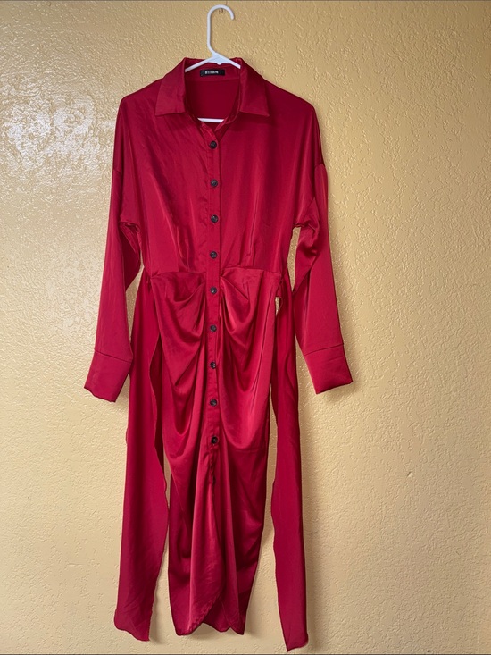 BTFBM Dresses & Skirts - Red Long-Sleeve Button Front Dress with Draped Waist